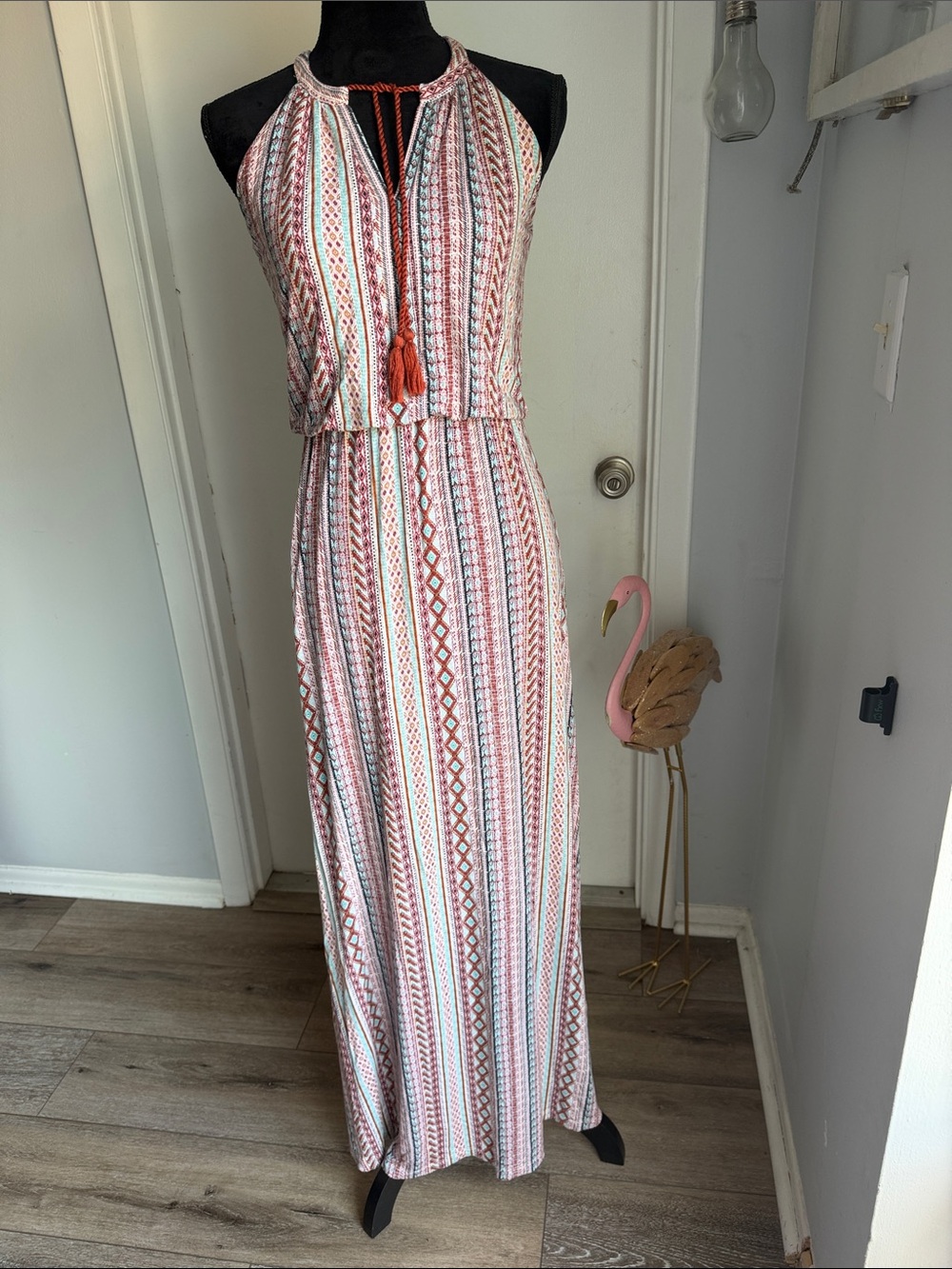Artisan Ny Striped Halter Maxi Dress in Coral, Cream and Teal